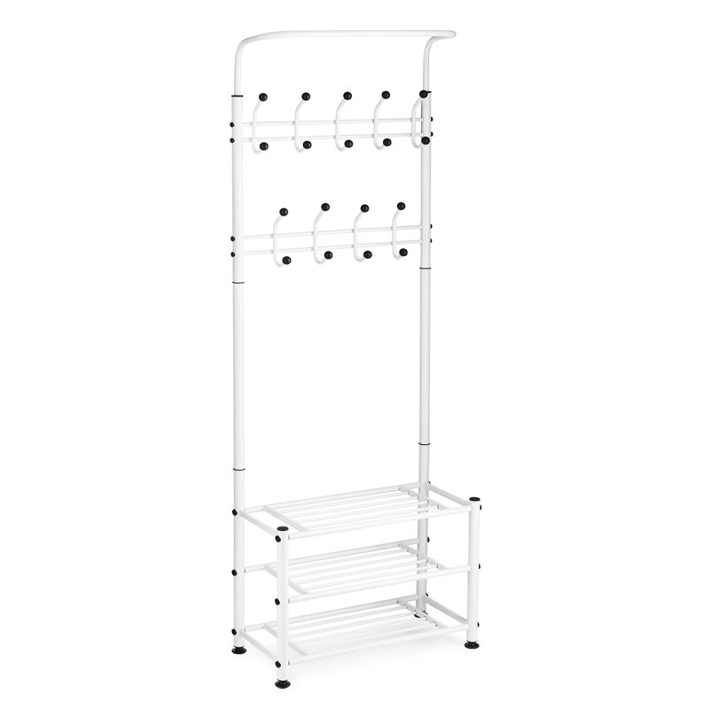 Hallway Coat Stand Steel Hall Tree with Shoe Storage, White