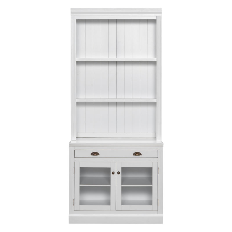 White Modern 83.4" Tall Bookcase With 2 Tempered Glass Doors, 1 Drawer, Adjustable Shelf And - Oxidation Drawer Hardware Solid Wood, Board Rectangle 3 Open Shelves For Bedroom Organization Wood