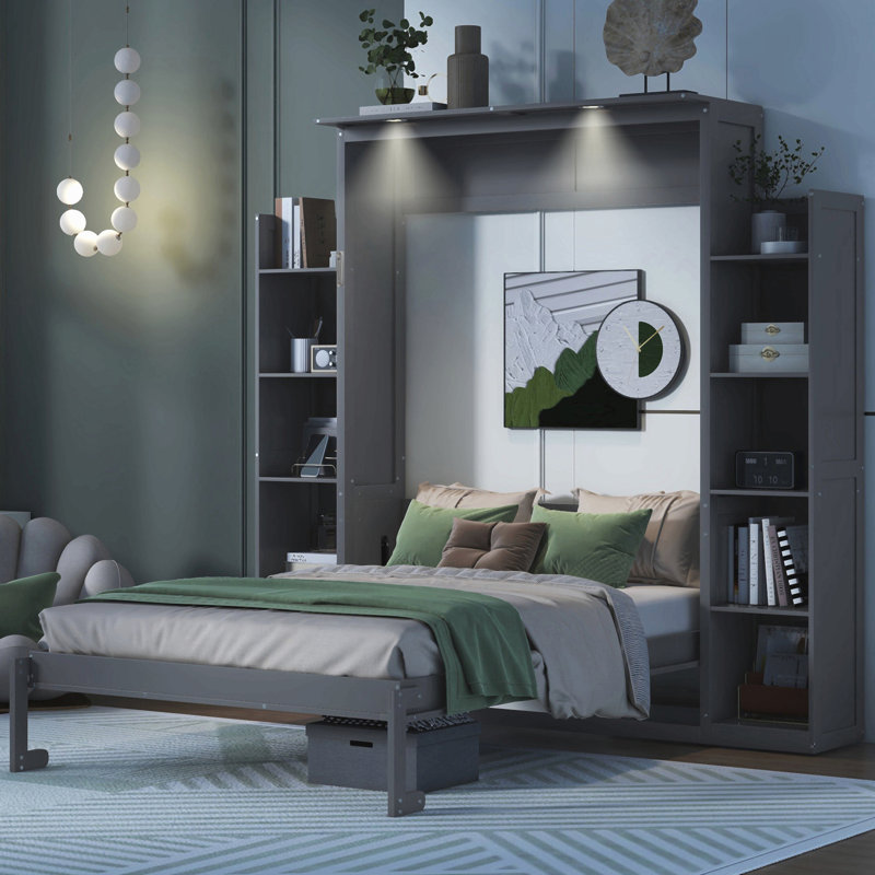Lit escamotable double avec tablettes et lumières DEL, Gris, Lit double