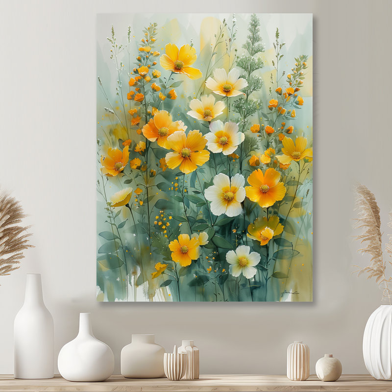 «Yellow Wildflowers Spring Awakening I» - Art mural fleurs sauvages, Métal métal, H 32 po x l 16 po x P 1 po