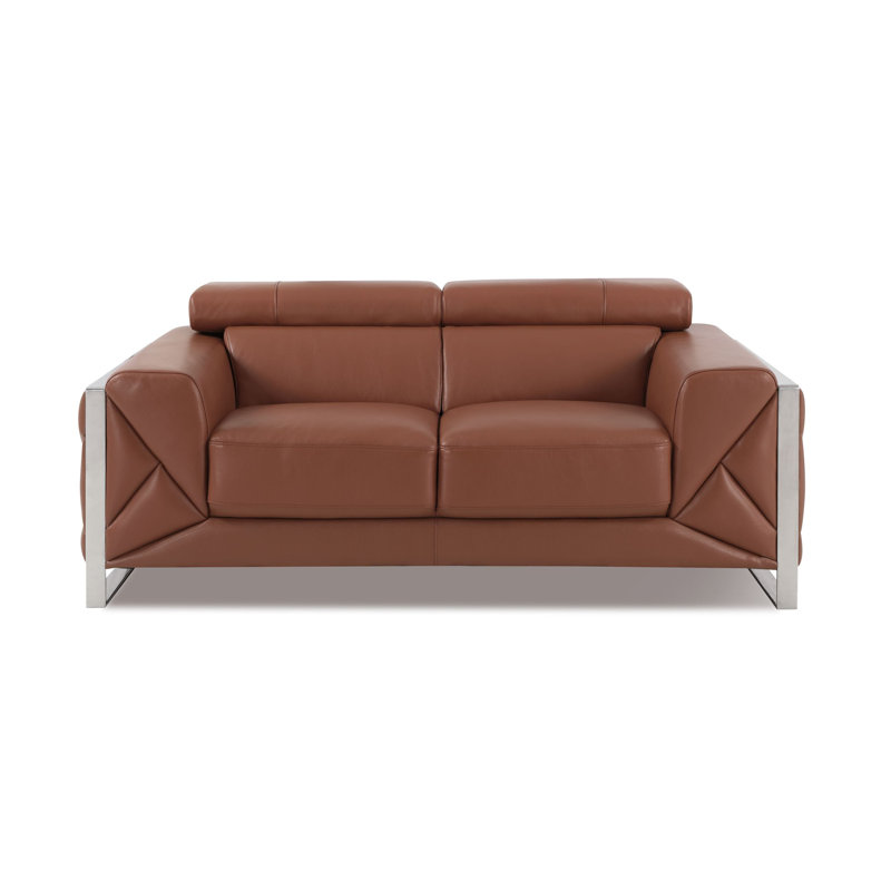 Camel Genuine Leather Loveseat with Adjustable Headrests, Camel