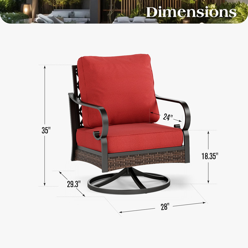 Swivel Outdoor Patio Lounge Chair, Red Cushion/Black Frame
