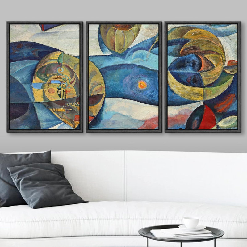 Forme Mid-Century «Polygone bleu et jaune, formes abstraites, illustrations, art moderne, salon coloré», 3 pièces