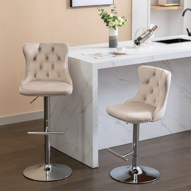 Swivel Velvet Barstools with Adjusatble Seat Height, Beige, Silver
