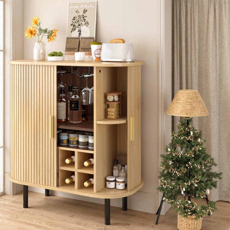 Armoire à vin avec support pour 8 bouteilles, 5 niveaux de tablettes et porte-verres, station de café moderne, Naturel