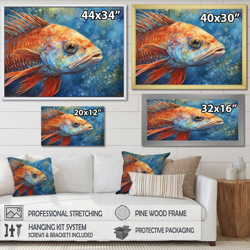 «Underwater Fish Fantasy II», reproduction sur toile, Cadre flottant blanc, H 12 po x l 20 po x P 1 po