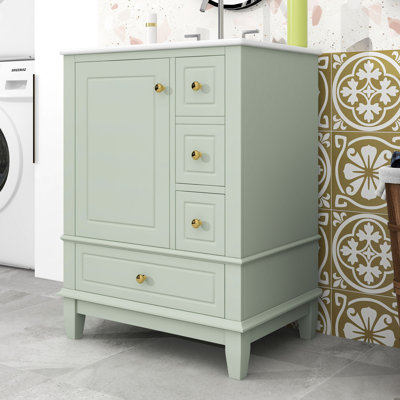 Armoire de salle de bain 3 tiroirs avec lavabo en céramique, armoire de rangement et porte