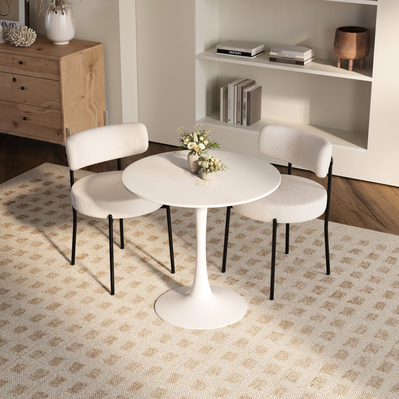 Table de salle à manger ronde de 31,5 po et 2 chaises, plateau supérieur, fausse fourrure, pieds en tulipe, fonctionnel pour les chaises de pause-café modernes, taille, siège contemporain idéal