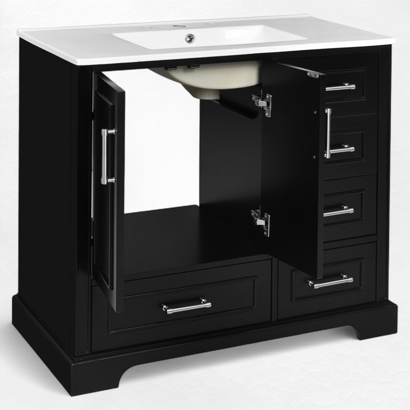 Meuble-lavabo simple 36 po avec lavabo en céramique, Noir, Argent argent