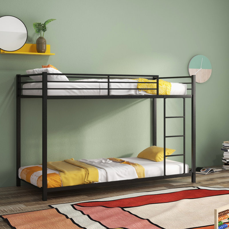 Metal Bunk Bed Low Profile Single Over Single Bunk Beds w/Ladder, Black