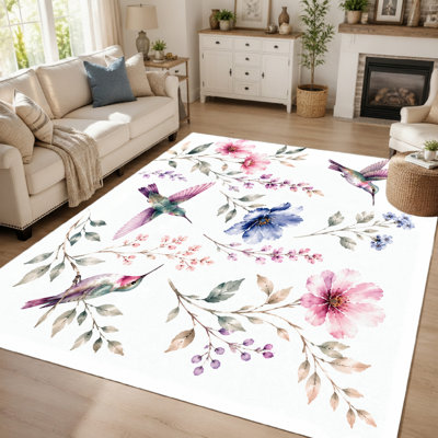 Tapis d'intérieur 1 pièce, imprimé aquarelle colibri et fleurs, design artistique inspiré par la nature, lavable et facile d'entretien, grand format et mince avec envers antidérapant, idéal pour le salon, la chambre, la cuisine ou le bureau.