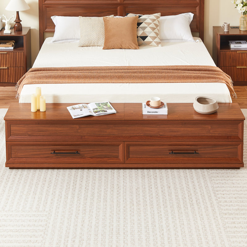 Bed with 3D Geometric Headboard & Storage Bench - 4-Drawer Storage, Walnut, King