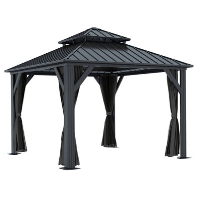 Pavillon de jardin l 8,5 pi x P 8,5 pi avec toit rigide en acier galvanisé antirouille, avec rideau d'intimité et filet anti-insectes
