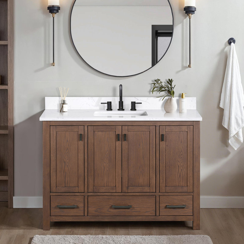 Modero 48" Single Bathroom Vanity with Top, Cala White Marble, Mocha Oak, Black