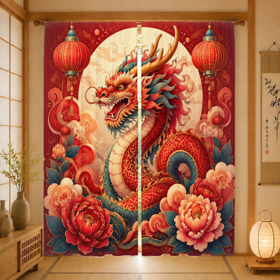 2 pièces Dragon majestueux avec pivoines et lanternes, filtrant la lumière, motif chinois traditionnel vibrant, idéal pour le salon, la chambre à coucher et la décoration festive