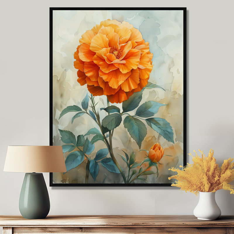 Orange orange, fleur parfumée, souci I - impression murale souci, H 12 po x l 20 po, Cadre flottant noir, bois massif