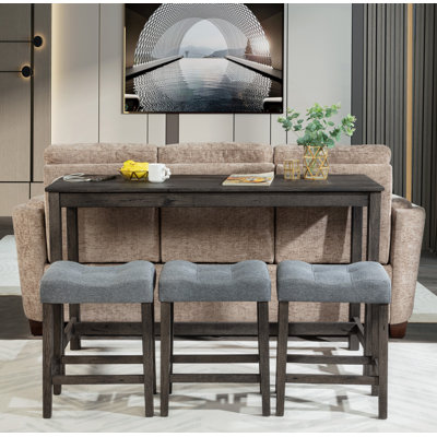 4 Piece Bar Table Set with Power Outlet,Bar Table Set with Chairs,Sofa Bar Table with Stools,Behind Couch Table with 3 Padded Stools,for Living Room,D