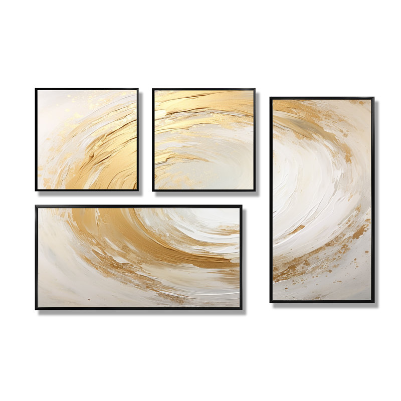 Vortex blanc doux I - art mural sur toile beige 4 pièces, Impression encadrée sans passe-partout, Noir