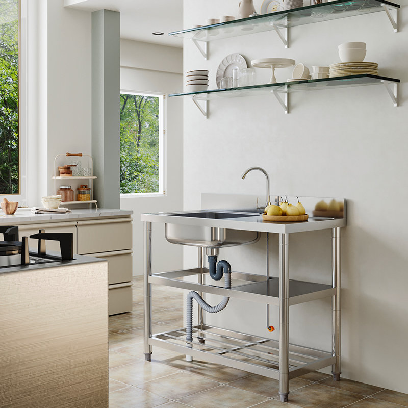 Williston Forge 100cm W Stainless Steel One Compartment Commercial Kitchen Sink with Shelves
