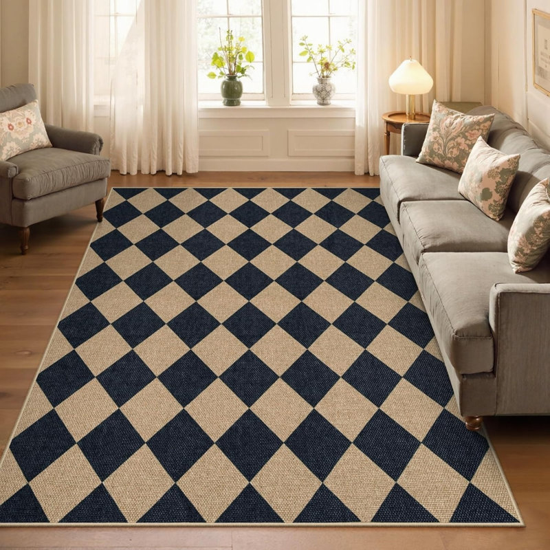 5' x 7' Beige & Navy Argyle Check Rug, Kitchen & Dining Room