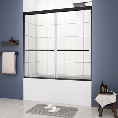 Bathtub Bypass Shower Door, Sliding Door, With 1/4" Tempered Glass And Matted  Black Finish  56"-60"X58"