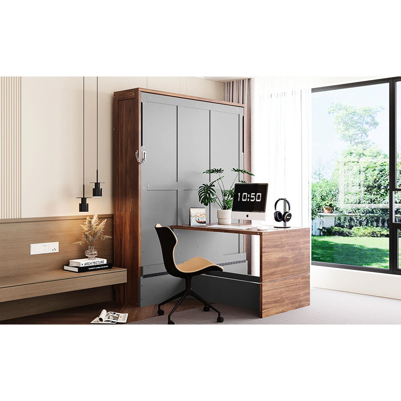 Lit double pleine grandeur avec bureau pliable, esthétique noyer et gris, convient aux bureaux à domicile, support en bois massif dissimulé et couleurs, bureaux idéaux, teinture