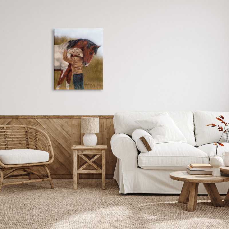 Garçon étreignant un cheval, peinture sur toile, H 30 po x l 24 po x P 1,5 po