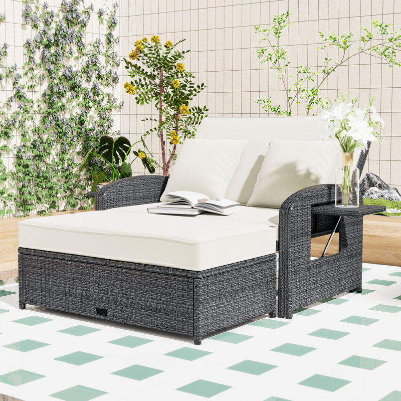 PE Rattan Double Chaise Lounge with Adjustable Backrest, Footrest and Comfortable Cushion, Gray, White