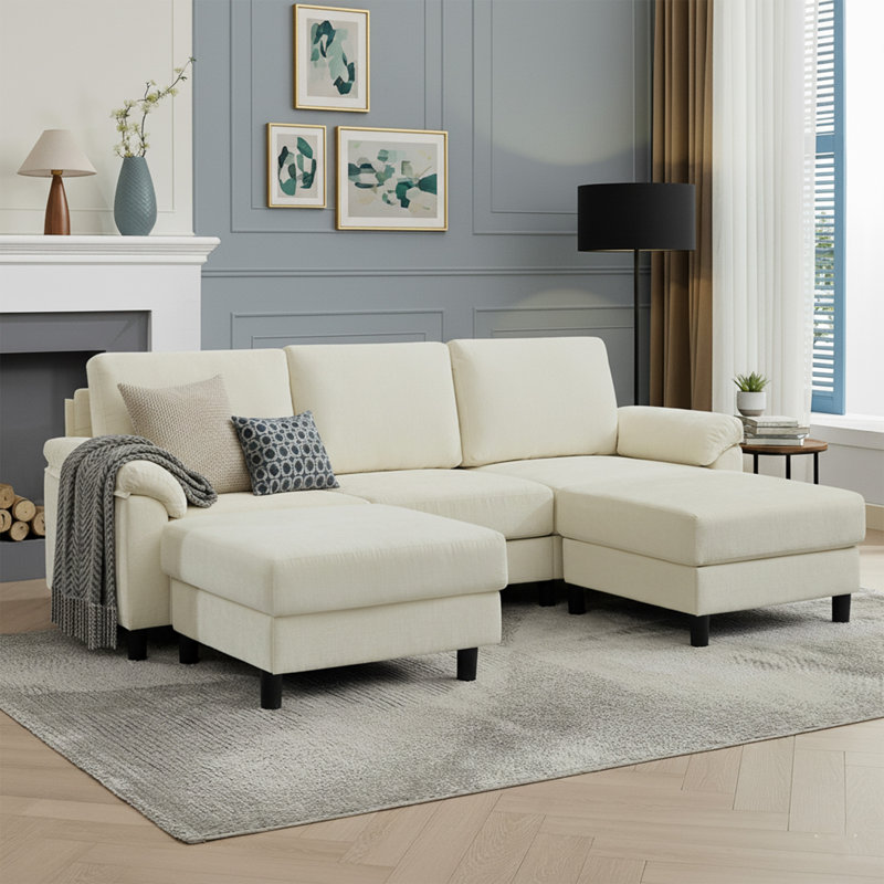 90" Comfy Modern Chenille Fabric U-Shaped Sectional Sofa with Two Ottomans, Beige