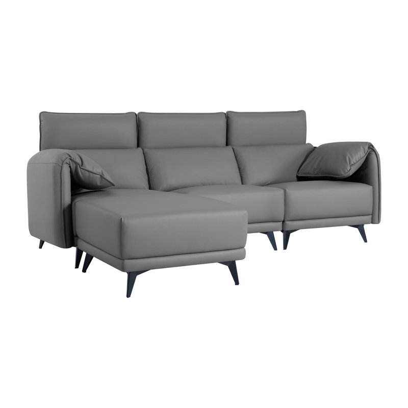 Shealene High Back Sectional Couch with Ottoman, 4 Seater L-Shaped Sofa with Headrests, Gray Synthetic Leather