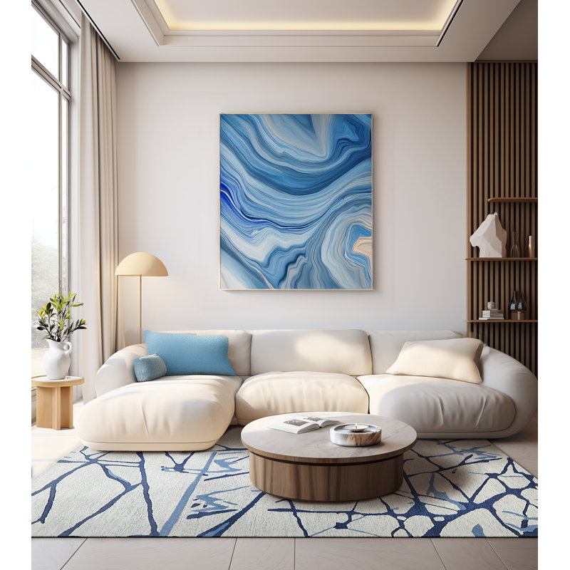 Mystic Rectangle Abstract Hand Tufted Wool Area Rug in Navy, Rectangle 12' x 15'