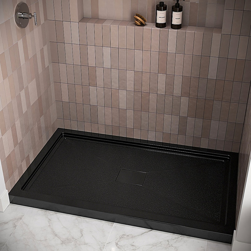 Base de douche 60 po x 32 po en alcôve en acrylique noir brillant avec bonde centrale, bonde incluse, Noir lustré