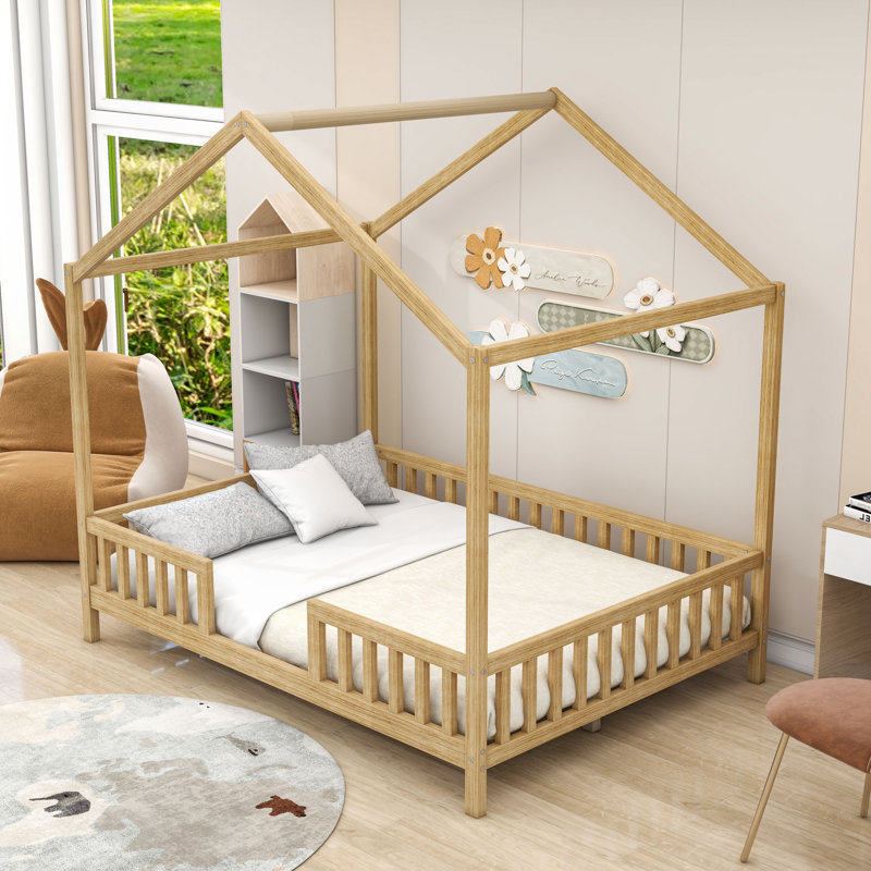 Lit plateforme en bois avec rampes Montessori, Naturel, Complète
