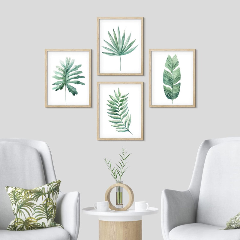 «Pastel Green Tropical Forest Jungle Plants», ensemble de 4 impressions murales encadrées sur papier, 4 pièces, Naturel