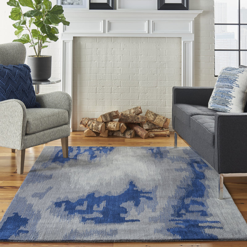 Tapis bleu moderne fait à la main, Rectangle 5 pi 3 po x 7 pi 9 po