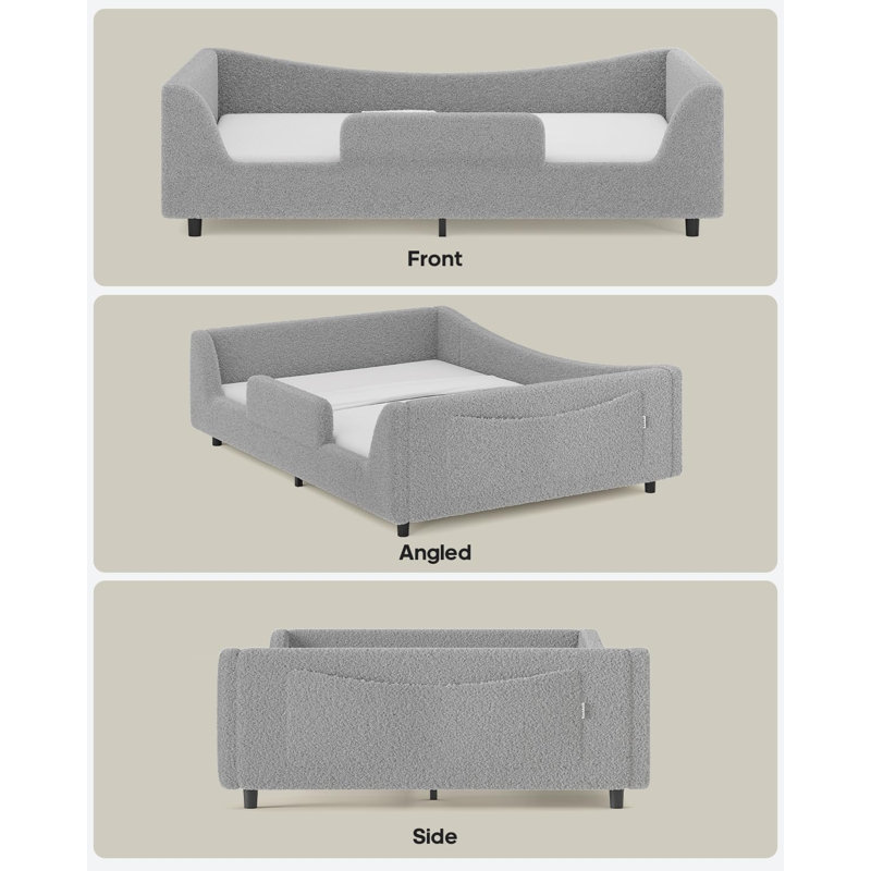Floor Bed, Low Montessori 2-In-1 Convertible Beds, With Slats And High Rails, Upholstered Teddy Boucle, Curve Round Frame, No Box Spring Needed, Easy Assemble, Beige