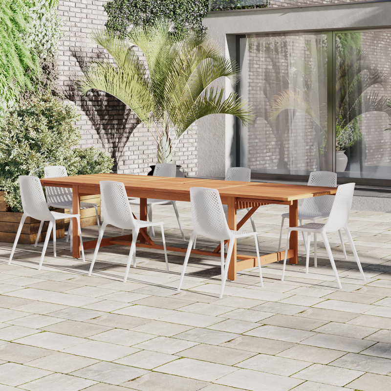 Clegg 9 Piece Teak Finish Outdoor Furniture Dining Set, White