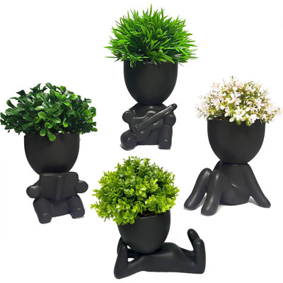 4 paquets de plantes grasses artificielles créatives dans des pots en céramique en forme d'humain