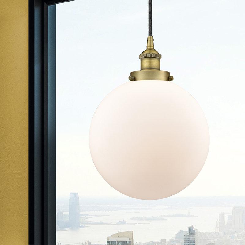 Luminaire suspendu sphère 1 lumière Frederick, Blanc mat, Laiton brossé