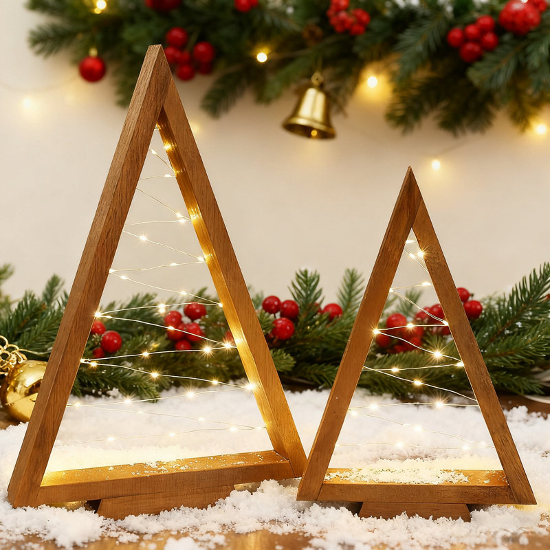 Arbre de Noël illuminé en bois, ensemble de 2 décorations de table faites à la main - Arbre de Noël rustique avec lumières DEL blanc chaud