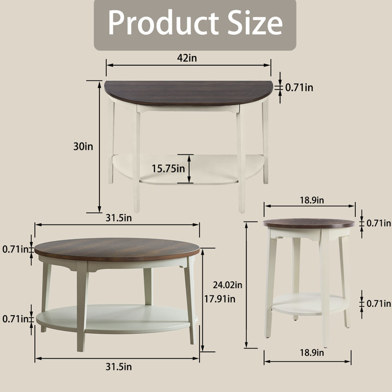 Ensemble de 3 tables de salon modernes en bois massif crème, brun foncé et brun foncé 