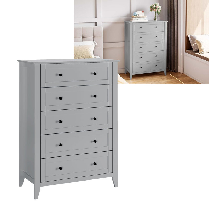 Commode 5 tiroirs pour chambre à coucher, Gris