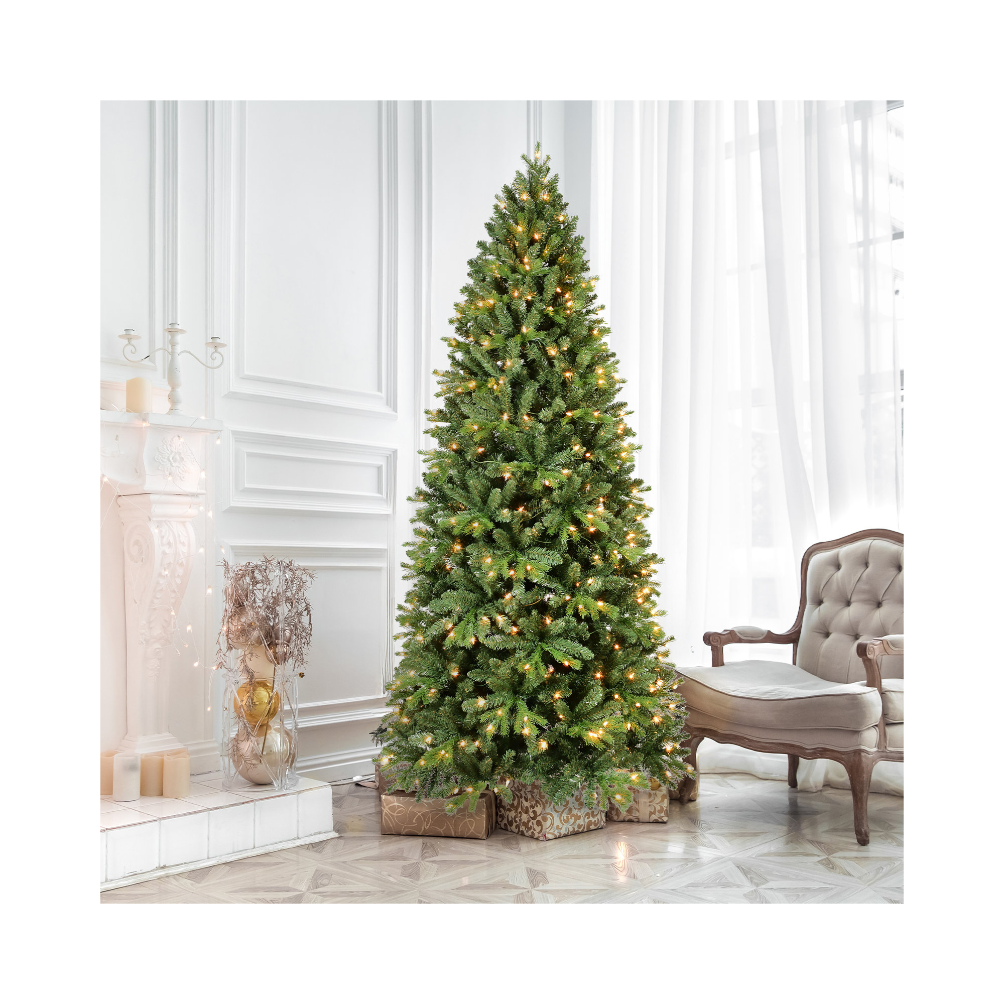 Pre-lit Christmas Tree Artificial Pencil Christmas Trees - Hinged Spruce Xmas Tree With Warm Lights, Pe&pvc Mixed Branch Tips, Metal Stand&easy Assembly