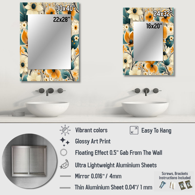 Ellettsville Mod Floral Nostalgia - midcentury  Decorative Wall Mirror, Geometric,Abstract Mirror, Printed Metal Art