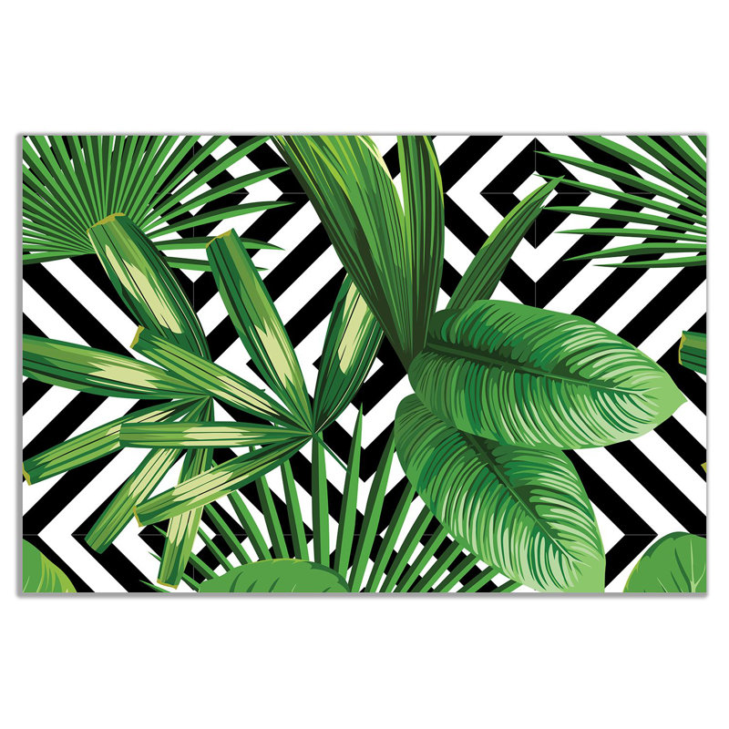 Exotic Jungle Leaves Black And White Geometric Botanical - Wrapped Canvas Print, 61cm H x 91cm W