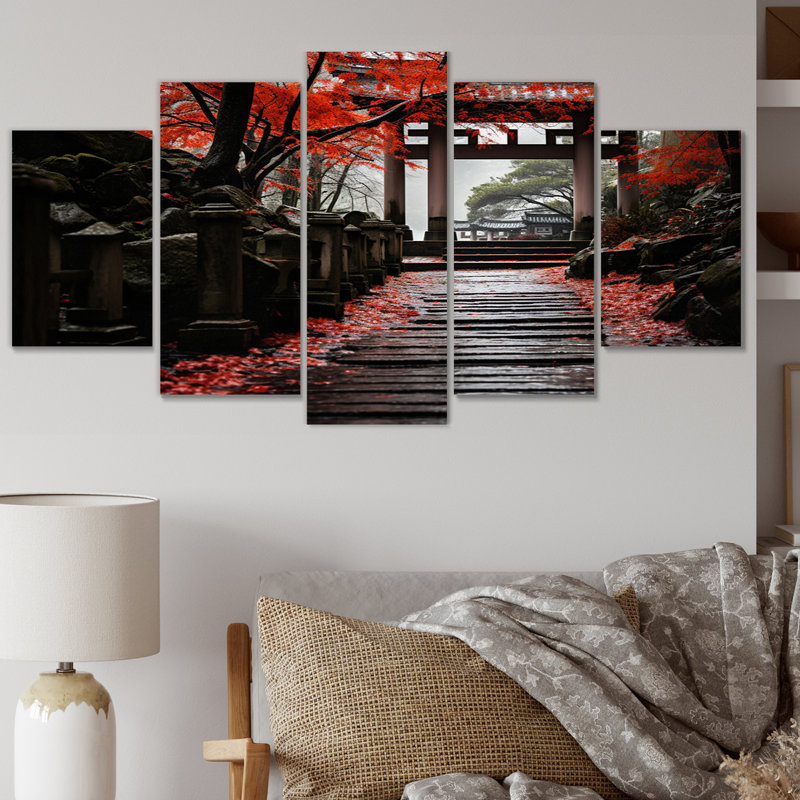  «Japon Art Red Torii Gate I - Art mural japonais sur toile - 5 panneaux