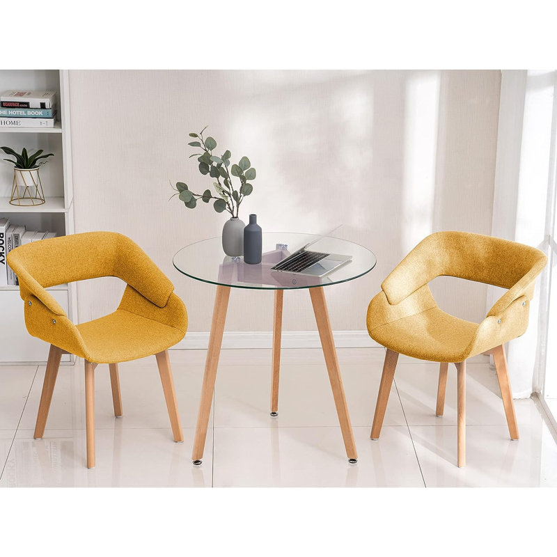 31'' Dining Table Set, Round Glass Top Dining Table with Two Upholstered Chairs, Yellow