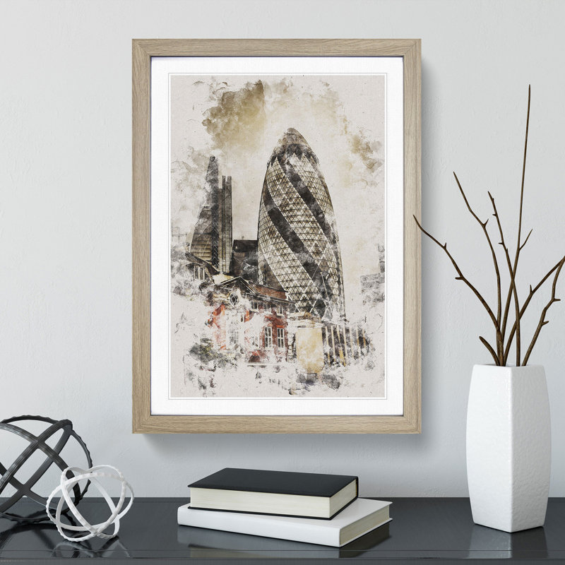 The Gherkin in London Watercolour - Picture Frame Graphic Art, 48cm H x 36cm W x 2cm D, Oak Framed