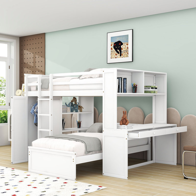 Lit superposé en bois avec bureau, tablettes et garde-robe, 	Double sur simple, Blanc