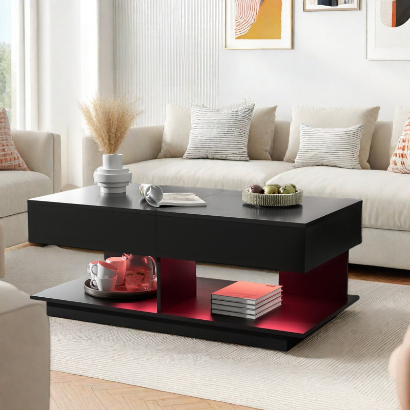Table basse extensible avec plusieurs compartiments de rangement, bande à DEL de 16 couleurs et base robuste, Noir